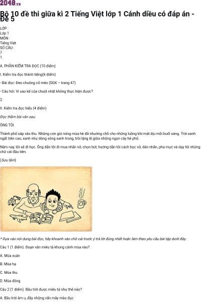 Bộ 10 đề thi giữa kì 2 Tiếng Việt lớp 1 Cánh diều có đáp án - Đề 5