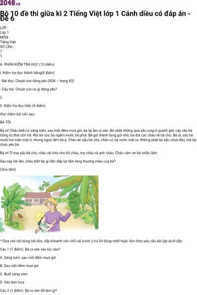 Bộ 10 đề thi giữa kì 2 Tiếng Việt lớp 1 Cánh diều có đáp án - Đề 6