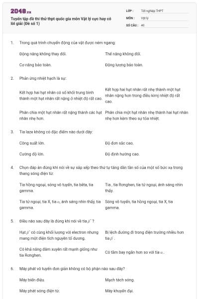 Tuyển tập đề thi thử thpt quốc gia môn Vật lý cực hay có lời giải (Đề số 1)