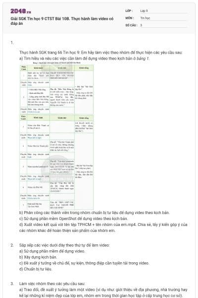 Giải SGK Tin học 9 CTST Bài 10B. Thực hành làm video có đáp án