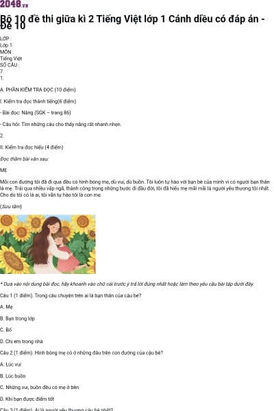 Bộ 10 đề thi giữa kì 2 Tiếng Việt lớp 1 Cánh diều có đáp án - Đề 10