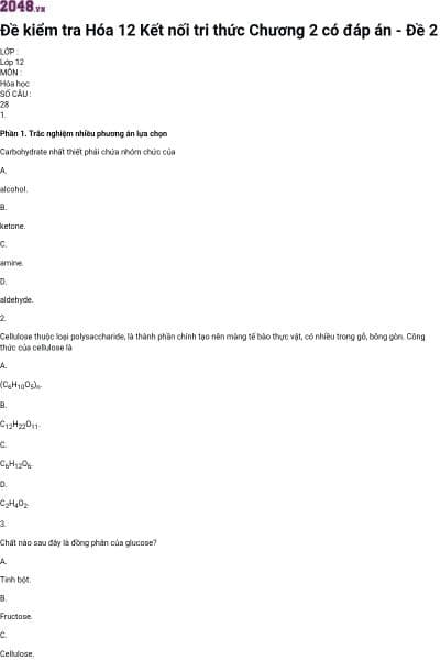 Đề kiểm tra Hóa 12 Kết nối tri thức Chương 2 có đáp án - Đề 2