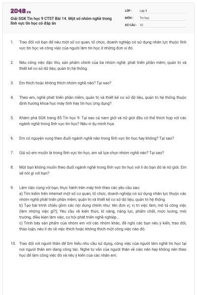 Giải SGK Tin học 9 CTST Bài 14. Một số nhóm nghề trong lĩnh vực tin học có đáp án