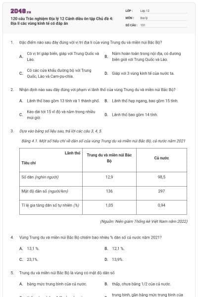120 câu Trắc nghiệm Địa lý 12 Cánh diều ôn tập Chủ đề 4: Địa lí các vùng kinh tế có đáp án