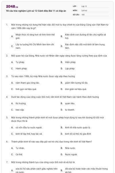 90 câu trắc nghiệm Lịch sử 12 Cánh diều Bài 11 có đáp án