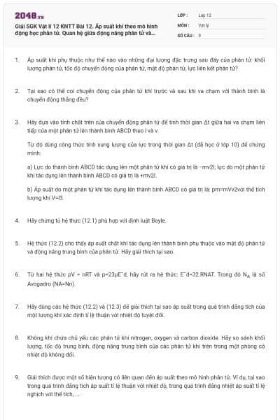 Giải SGK Vật lí 12 KNTT Bài 12. Áp suất khí theo mô hình động học phân tử.  Quan hệ giữa động năng phân tử và nhiệt độ có đáp án