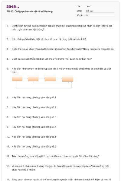 Bài 63: Ôn tập phần sinh vật và môi trường