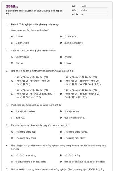 Đề kiểm tra Hóa 12 Kết nối tri thức Chương 3 có đáp án - Đề 1