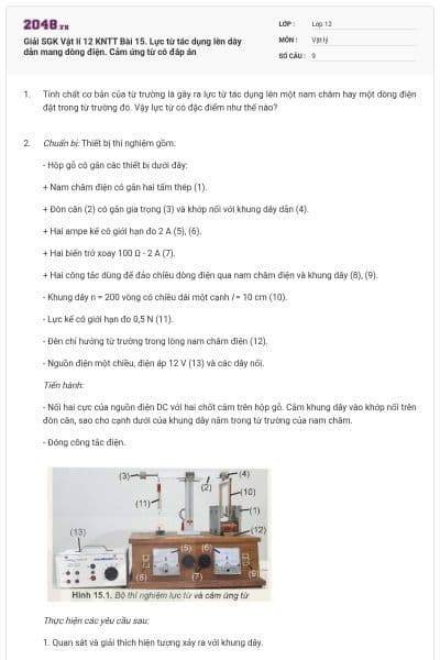 Giải SGK Vật lí 12 KNTT Bài 15. Lực từ tác dụng lên dây dẫn mang dòng điện. Cảm ứng từ có đáp án