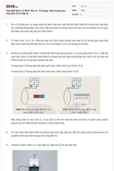Giải SGK Vật lí 12 KNTT Bài 16. Từ thông. Hiện tượng cảm ứng điện từ có đáp án