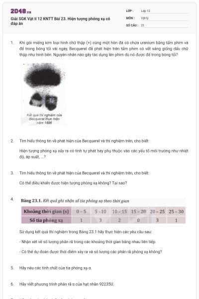 Giải SGK Vật lí 12 KNTT Bài 23. Hiện tượng phóng xạ có đáp án