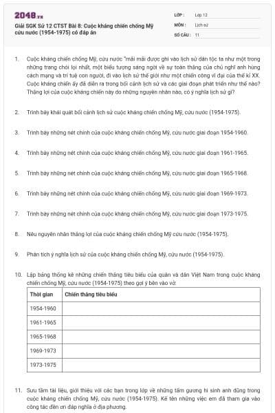 Giải SGK Sử 12 CTST Bài 8: Cuộc kháng chiến chống Mỹ cứu nước (1954-1975) có đáp án