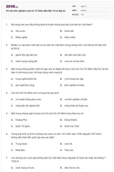 94 câu trắc nghiệm Lịch sử 12 Cánh diều Bài 14 có đáp án
