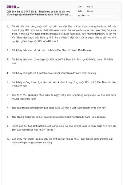 Giải SGK Sử 12 CTST Bài 11: Thành tựu cơ bản và bài học của công cuộc đổi mới ở Việt Nam từ năm 1986 đến nay có đáp án