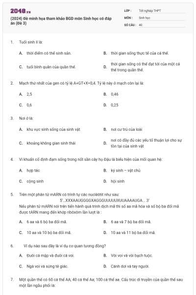 (2024) Đề minh họa tham khảo BGD môn Sinh học có đáp án (Đề 3)