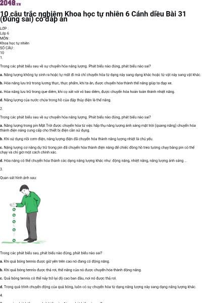 10 câu trắc nghiệm Khoa học tự nhiên 6 Cánh diều Bài 31 (Đúng sai) có đáp án