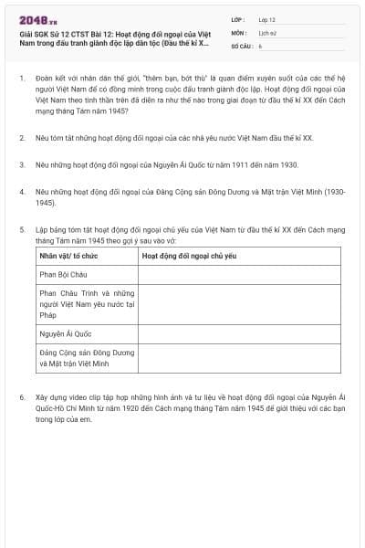 Giải SGK Sử 12 CTST Bài 12: Hoạt động đối ngoại của Việt Nam trong đấu tranh giành độc lập dân tộc (Đầu thế kỉ XX đến cách mạng tháng Tám năm 1945) có đáp án