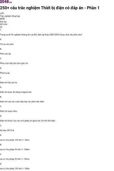 250+ câu trắc nghiệm Thiết bị điện có đáp án - Phần 1