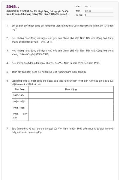 Giải SGK Sử 12 CTST Bài 13: Hoạt động đối ngoại của Việt Nam từ sau cách mạng tháng Tám năm 1945 đến nay có đáp án
