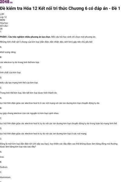 Đề kiểm tra Hóa 12 Kết nối tri thức Chương 6 có đáp án - Đề 1