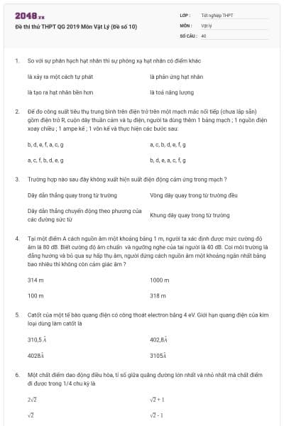 Đề thi thử THPT QG 2019 Môn Vật Lý (Đề số 10)