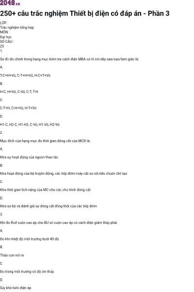 250+ câu trắc nghiệm Thiết bị điện có đáp án - Phần 3