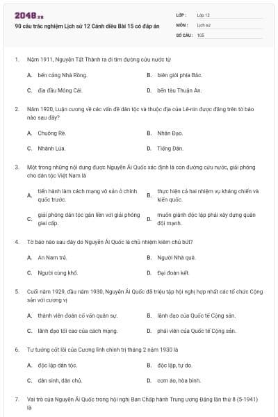 90 câu trắc nghiệm Lịch sử 12 Cánh diều Bài 15 có đáp án