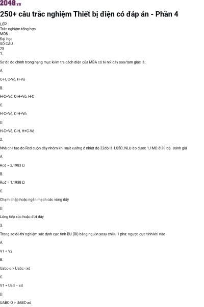 250+ câu trắc nghiệm Thiết bị điện có đáp án - Phần 4