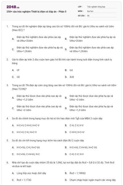 250+ câu trắc nghiệm Thiết bị điện có đáp án - Phần 5