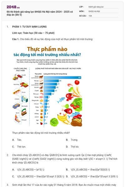 Đề thi Đánh giá năng lực ĐHQG Hà Nội năm 2024 - 2025 có đáp án (Đề 5)