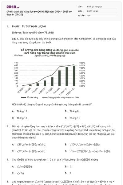 Đề thi Đánh giá năng lực ĐHQG Hà Nội năm 2024 - 2025 có đáp án (Đề 20)