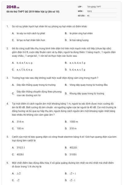 Đề thi thử THPT QG 2019 Môn Vật Lý (Đề số 10)