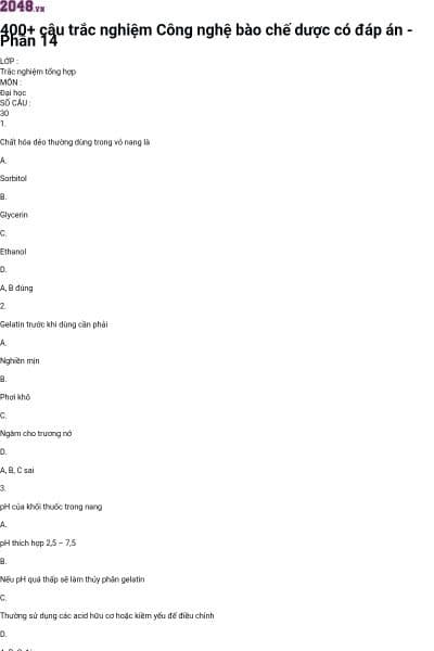 400+ câu trắc nghiệm Công nghệ bào chế dược có đáp án - Phần 14