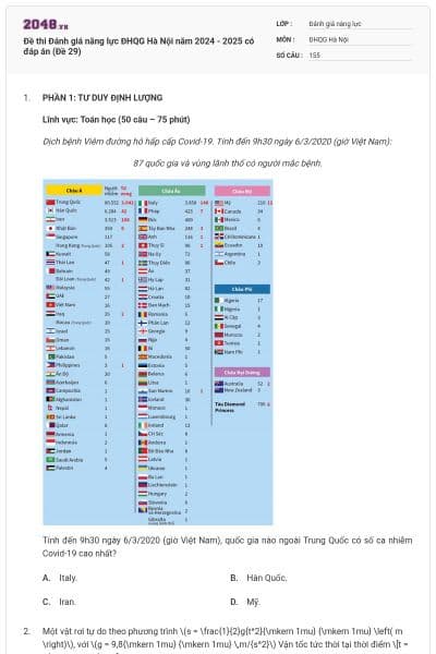 Đề thi Đánh giá năng lực ĐHQG Hà Nội năm 2024 - 2025 có đáp án (Đề 29)