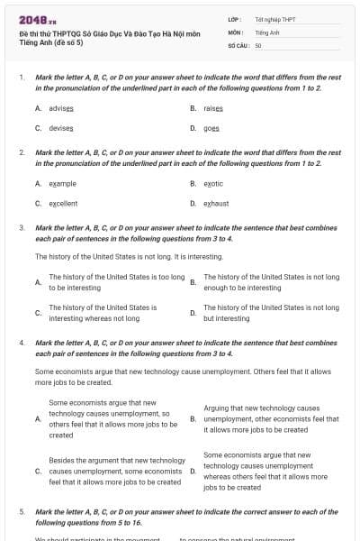 Đề thi thử THPTQG Sở Giáo Dục Và Đào Tạo Hà Nội môn Tiếng Anh (đề số 5)