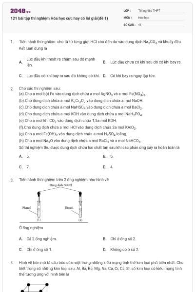 121 bài tập thí nghiệm Hóa học cực hay có lời giải(đề 1)