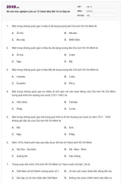 86 câu trắc nghiệm Lịch sử 12 Cánh diều Bài 16 có đáp án
