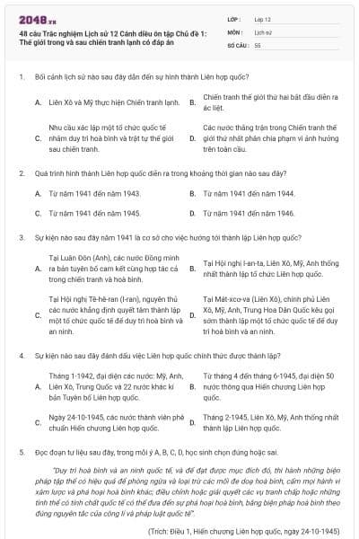 48 câu Trắc nghiệm Lịch sử 12 Cánh diều ôn tập Chủ đề 1: Thế giới trong và sau chiến tranh lạnh có đáp án