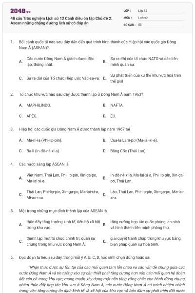 48 câu Trắc nghiệm Lịch sử 12 Cánh diều ôn tập Chủ đề 2: Asean những chặng đường lịch sử có đáp án