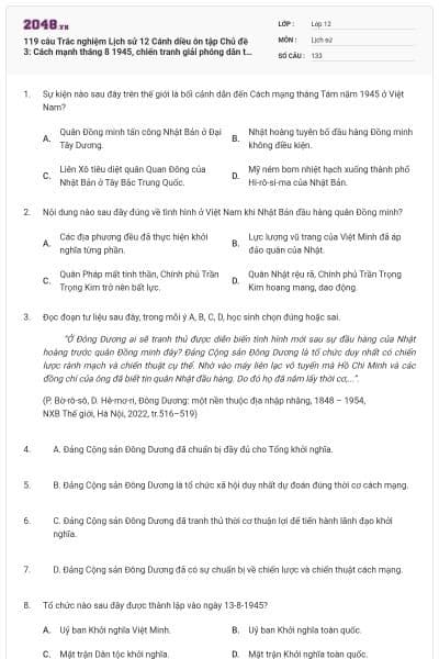 119 câu Trắc nghiệm Lịch sử 12 Cánh diều ôn tập Chủ đề 3: Cách mạnh tháng 8 1945, chiến tranh giải phóng dân tộc và chiến tranh bảo vệ tổ quốc trong lịch sử Việt Nam (Từ  tháng 8 năm 1945 đến nay) có đáp án