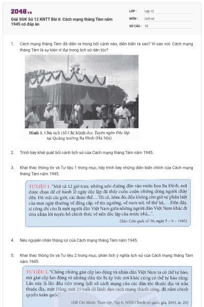 Giải SGK Sử 12 KNTT Bài 6: Cách mạng tháng Tám năm 1945 có đáp án