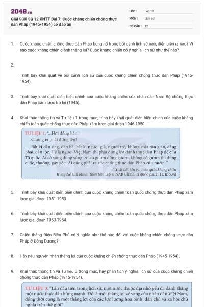 Giải SGK Sử 12 KNTT Bài 7: Cuộc kháng chiến chống thực dân Pháp (1945-1954) có đáp án
