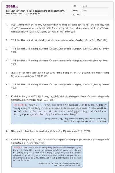 Giải SGK Sử 12 KNTT Bài 8: Cuộc kháng chiến chống Mỹ, cứu nước (1954-1975) có đáp án