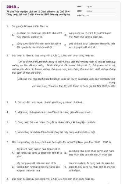 76 câu Trắc nghiệm Lịch sử 12 Cánh diều ôn tập Chủ đề 4: Công cuộc đổi mới ở Việt Nam từ 1986 đến nay có đáp án