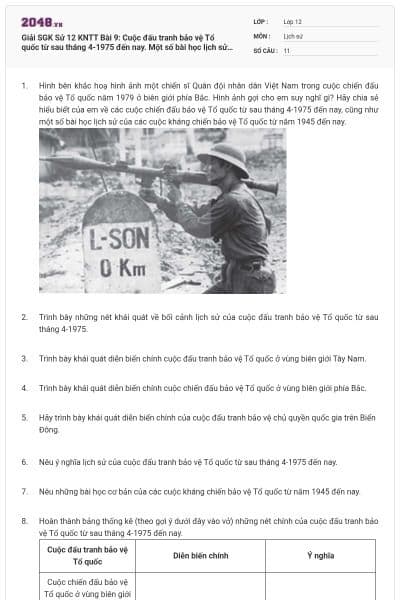 Giải SGK Sử 12 KNTT Bài 9: Cuộc đấu tranh bảo vệ Tổ quốc từ sau tháng 4-1975 đến nay. Một số bài học lịch sử của các cuộc kháng chiến bảo vệ Tổ quốc từ năm 1945 đến nay có đáp án