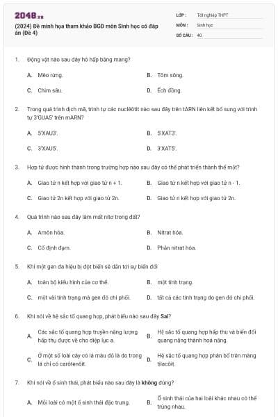 (2024) Đề minh họa tham khảo BGD môn Sinh học có đáp án (Đề 4)