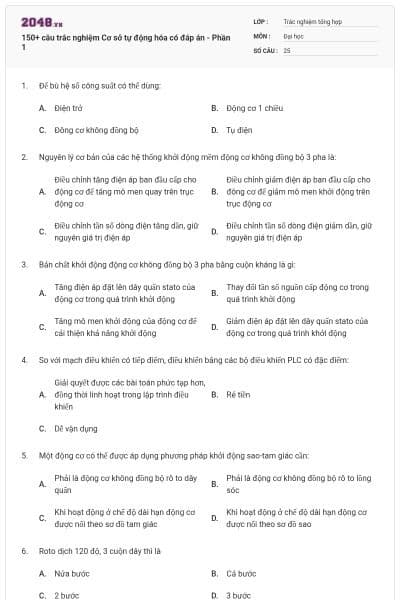 150+ câu trắc nghiệm Cơ sở tự động hóa có đáp án - Phần 1