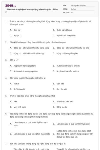 150+ câu trắc nghiệm Cơ sở tự động hóa có đáp án - Phần 3