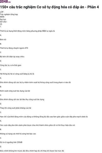 150+ câu trắc nghiệm Cơ sở tự động hóa có đáp án - Phần 4