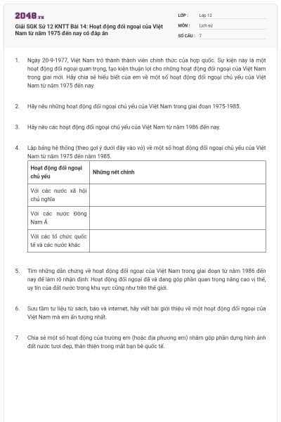 Giải SGK Sử 12 KNTT Bài 14: Hoạt động đối ngoại của Việt Nam từ năm 1975 đến nay có đáp án